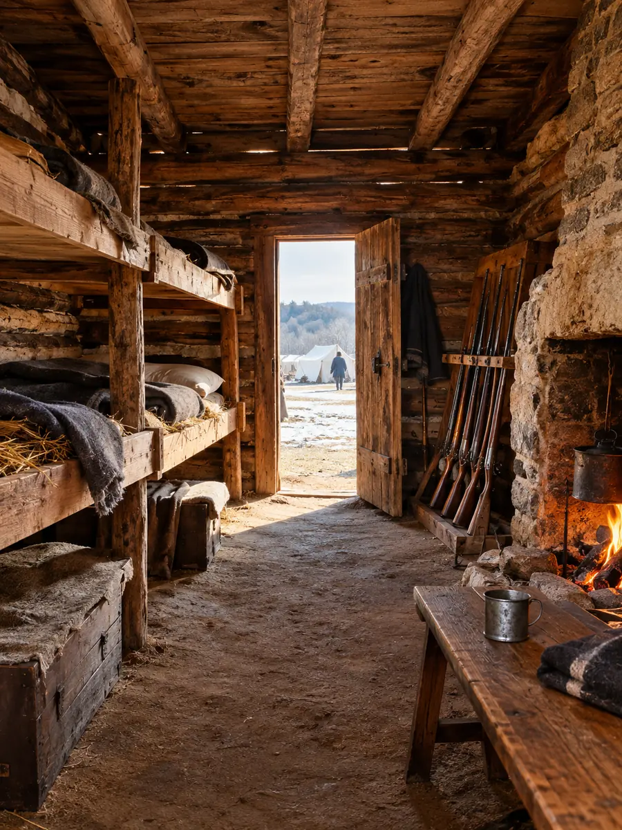 Im Inneren einer Blockhütte: Holzbetten mit Decken, ein steinerner Kamin und ein Gewehrständer